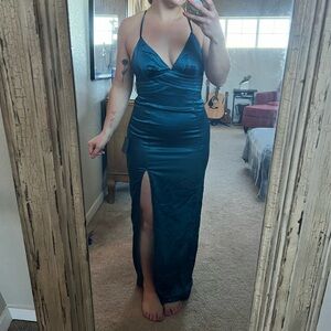 Lulus satin blue dress with slit.